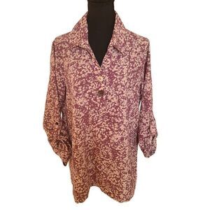 Lior Paris Womens Blouse Abstract Button Front Top Rolled Sleeve Mauve Medium